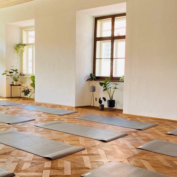 In schöner Holzboden in einem Studio in Wien liegt mit dunklen hejhej-mats aus