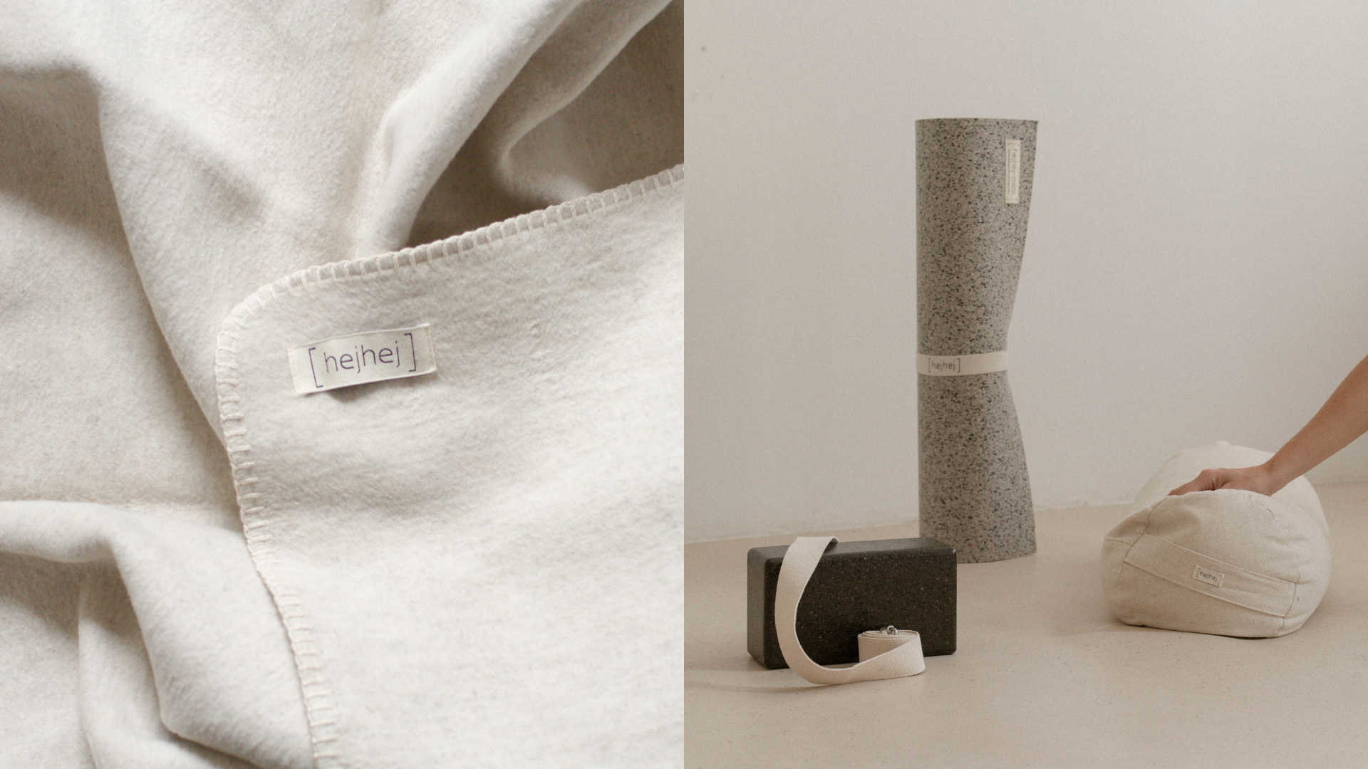 nachhaltige Yoga Decke auf der linken Seite sowie nachhaltiges Yoga Equipment auf der rechten Seite bestehend aus Yogamatte, Block, Bolster und Gurt