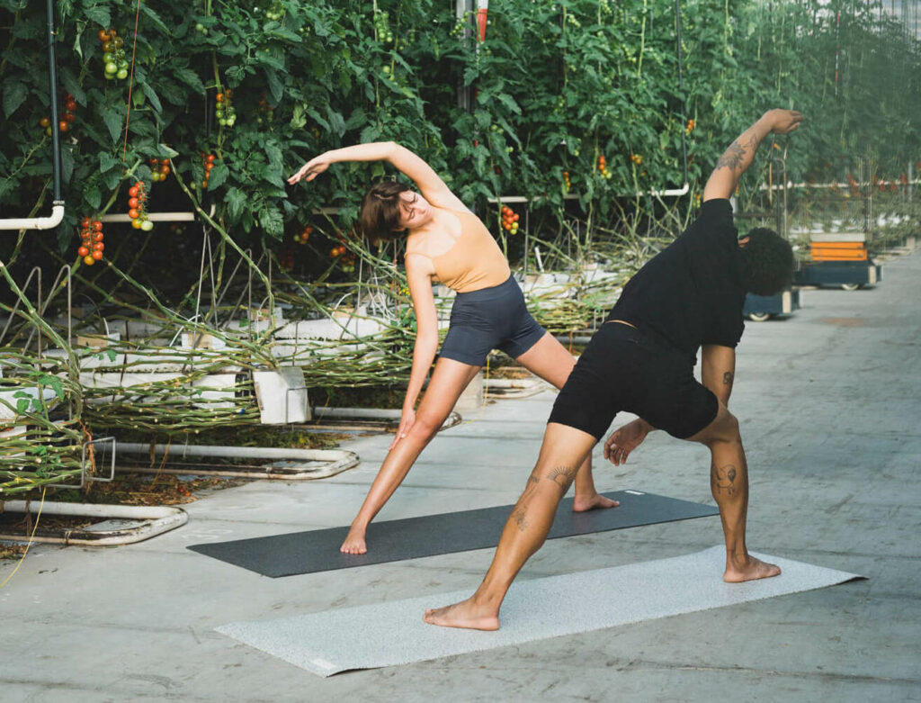 Zwei Menschen machen Yoga Asanas auf den hejhej-mats