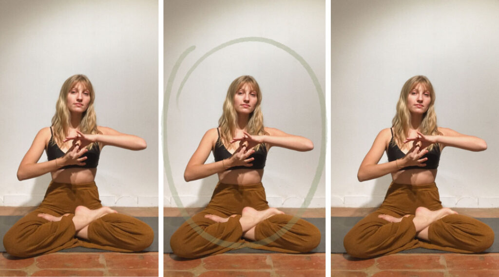 Frau im Lotussitz Hände in Gebärdensprache gebärden Yoga